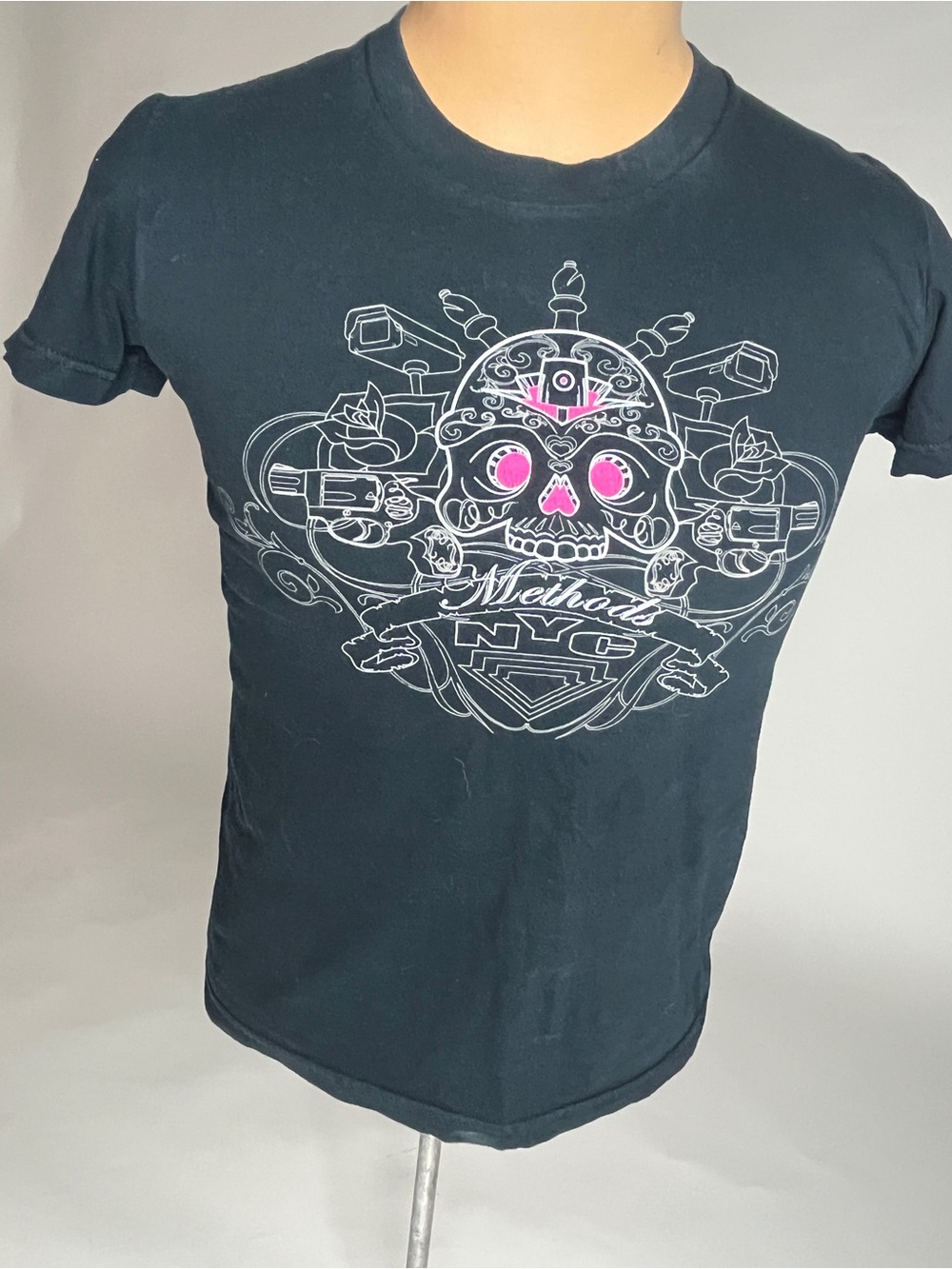 Black Short Sleeve Graphic Tee with Pink Accents -